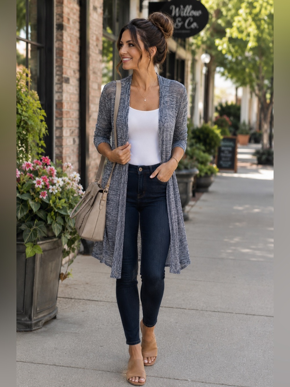 Ann Taylor Factory Marled Open Front Duster Cardigan Blue White Size M